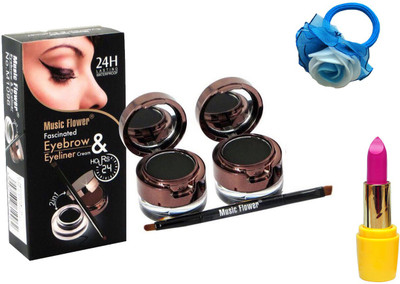 Music Flower 2 In 1 Long Lasting Gel Eye Liner & Eyebrow Powder (2 Black Eye Liner And 2 Eyebrow Powder), Lipstick and Band(Set of 4)