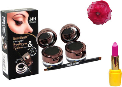 

Music Flower 2 In 1 Eyeliner Gel & Eyebrow Powder (2 Eye Liner And 2 Black Eyebrow Powder), Lipstick and Band(Set of 4)