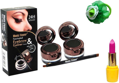 

Music Flower 2 In 1 Long Lasting Gel Eye Liner & Eyebrow Powder (2 Black Eyeliner And 2 Black Eyebrow Powder), Lipstick and Band(Set of 4)