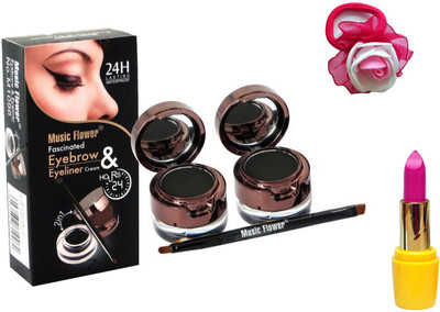 

Music Flower 2 In 1 Long Lasting Gel Eye Liner & Eyebrow Powder (2 Black Eye Liner And 2 Black Eyebrow Powder), Lipstick and Band(Set of 4)