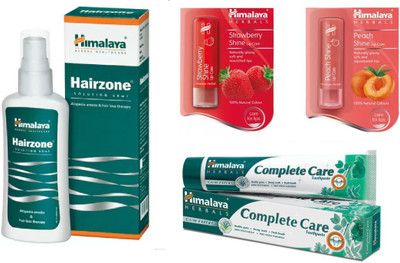 

Himalaya Hairzone Solution, Strawberry Shine Lip Care, Peach Shine Lip Care, Complete Care Toothpaste(Set of 4)