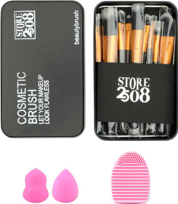 

Store2508 Makeup Brush Set with 12 Brushes and Metal Storage Box + 2 Pcs Makeup Blender + Brush Egg, The Makeup Brush Cleaner.(Set of 15)