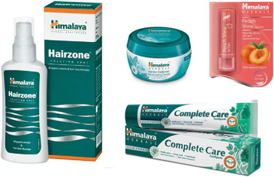 

Himalaya Hairzone Solution, Winter Defense Moisturizing Cream, Peach Shine Lip Care, Complete Care Toothpaste(Set of 4)