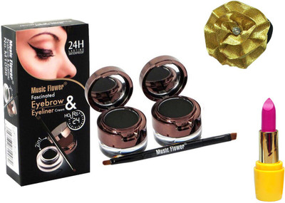 

Music Flower 2 In 1 Long Lasting Gel Eye Liner & Eyebrow Powder (2 Eye Liner And 2 Black Eyebrow Powder), Lipstick and Band(Set of 4)