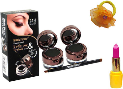 

Music Flower 2 In 1 Eyebrow Powder & Long Lasting Gel Eye Liner (2 Eye Liner And 2 Black Eyebrow Powder), Lipstick and Band(Set of 4)