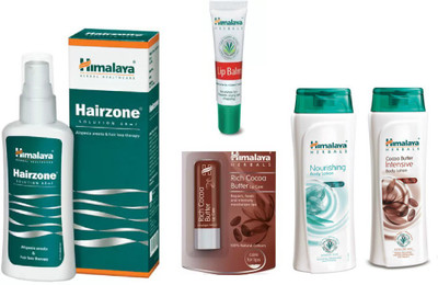 

Himalaya Hairzone Solution, Lip Balm, Rich Cocoa Butter Lip Care, Nourishing Body Lotion, Cocoa Butter Intensive Body Lotion(Set of 5)