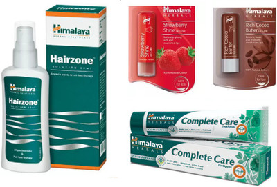 

Himalaya Hairzone Solution, Strawberry Shine Lip Care, Rich Cocoa Butter Lip Care, Complete Care Toothpaste(Set of 4)