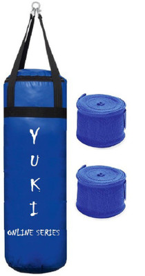 

YUKI Online Series 5.0 Feet Long, PU Material, Blue Color, Unfilled with Hanging Straps with 9 Feet Long Blue Color Hand Wraps Pair Boxing Kit