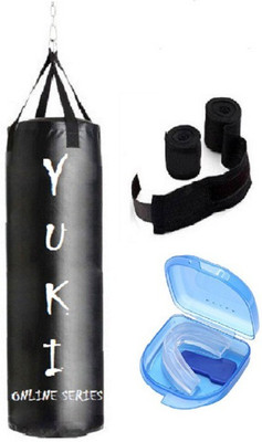 

YUKI Online Series 3.0 Feet Long, Synthetic Leather Material, Black Color, Unfilled with Hanging Straps, 9 Feet Long Black Color Hand Wraps Pair & Mouth Guard Boxing Kit