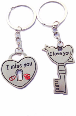 CTW Couple Heart Lock and key Love you miss u Valentine Key Chain(Silver)