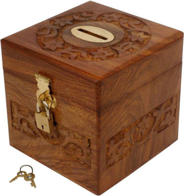 

CraftOnline wooden piggy money bank with lock coin bank Coin Bank(Brown)