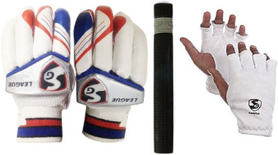 

SG Combo of Two, One Pair of 'League' Batting Glove (Right Handed) , One Pair of 'Campus' Inner Gloves [ both glove's size - Men's] one Bat Grip (Color On Availability) Cricket Kit