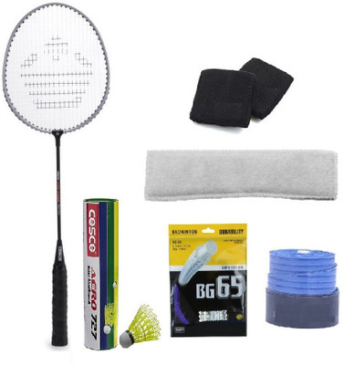 

Cosco Combo of Seven , One 'Cb 150 E' Badminton Racket, one Box of 'Aero 727' Nylon shuttle cock (Pack of 6) one Head band, one Pair of Wrist band, One Badminton Grip and One Badminton String (Color on availability) Badminton Kit