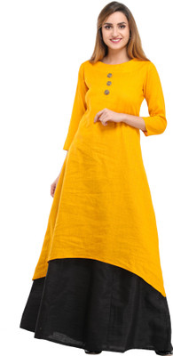 Cottinfab Women Solid A-line Kurta(Yellow)
