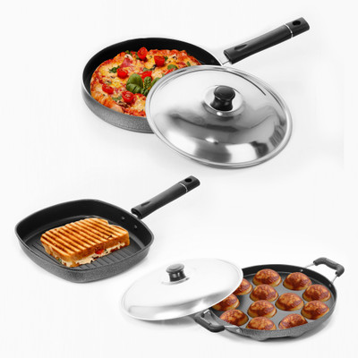 

Sumeet Nonstick Joyous Combo Set (Grill Pan - 22 Cm + Grill Appam Patra 12 Pcs + Pizza Pan) NA Pan 23 cm diameter with Lid(Aluminium, Non-stick), Silver
