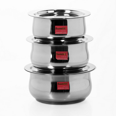 

Sumeet 3 Pcs Stainless Steel Induction & Gas Stove Friendly Belly Shape Container Set / Tope / Cookware Set With Lids Size No.10 to No.12 Pot 2.1 L with Lid(Stainless Steel, Induction Bottom)
