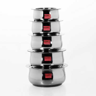 

Sumeet 5 Pcs Stainless Steel Induction & Gas Stove Friendly Belly Shape Container Set / Tope / Cookware Set With Lids Size No.10 & No.14 Pot 3.3 L with Lid(Stainless Steel, Induction Bottom)