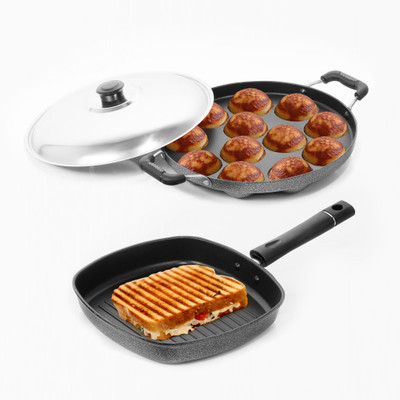 

Sumeet Nonstick Amez Combo Set (Grill Pan - 22cm + Grill Appam Patra - 12 Pcs) NA Pan 23 cm diameter with Lid(Aluminium, Non-stick), Silver