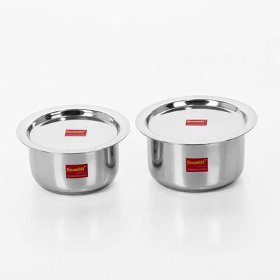 

Sumeet 2 Pcs Stainless Steel Induction & Gas Stove Friendly Container Set / Tope / Cookware Set With Lids Size No.10 & No.11 Pot 1.4 L with Lid(Stainless Steel, Induction Bottom)
