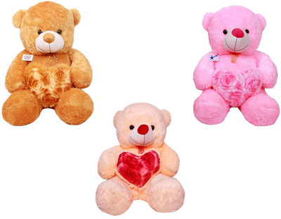 ATTRACTIVE CUTE 3 SEATING TEDDY BEAR WITH HEART (PACK OF 3) - 34 cm(PINK, BROWN,CREAM)