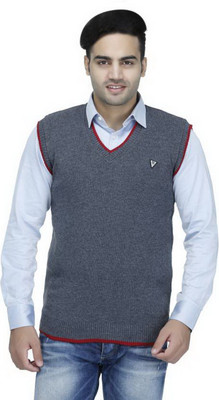 ELEPANTS Solid V Neck Casual Men Grey Sweater