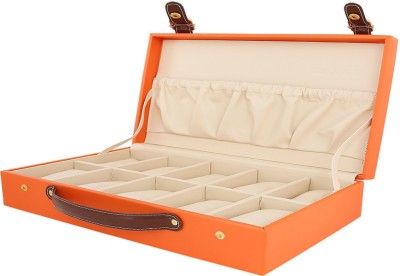D'SIGNER 10 Set Casual Orange Watch Organisor With a Brown Strip Magnet Lock Watch Box(Orange, Holds 10 Watches)   Watches  (D'signer)