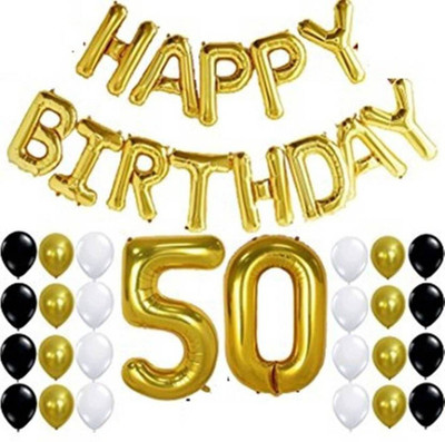 

Theme My Party Solid Solid Happy Birthday Foil Balloons, 50 Number Balloon Gold, Black Gold and White Latex Balloons Balloon (Multicolor, Pack of 50) Balloon(Multicolor, Pack of 50)