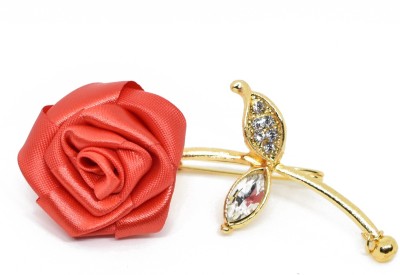 Verceys Red Rose Golden Leaf Lapel Brooch Boutonniere Tuxedo Pin Brooch(Red, Gold)