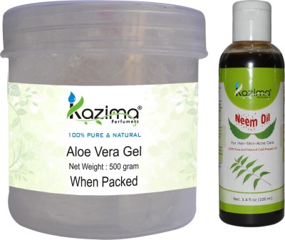 

KAZIMA Aloe Vera Gel Raw (500 Gram) and Neem Oil 100ml - Ideal for Skin Treatment, Acne Scars, Face, Skin(Set of 2)