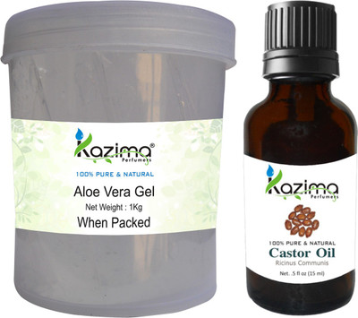 

KAZIMA Aloe vera Gel Raw (1KG) and Castor Oil (15ml) - Ideal for Hair Growth, Skin Treatment, Face, ACNE Scars(Set of 2)