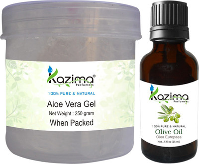

KAZIMA Aloe Vera Gel Raw (250 Gram) and Olive oil (15ml) - Ideal for Skin & Hair Treatment, Dark Circles, Face(Set of 2)