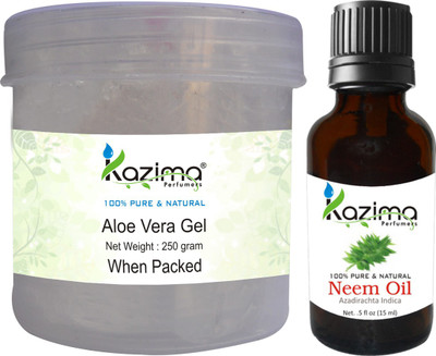 

KAZIMA Aloe Vera Gel Raw (250 Gram) and Neem Oil (15ml) - Ideal for Skin Treatment, Acne Scars, Face, Dry Skin(Set of 2)