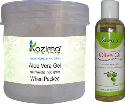 

KAZIMA Aloe Vera Gel Raw (500 Gram) and Olive oil 100ml - Ideal for Skin & Hair Treatment, Dark Circles, Face(Set of 2)