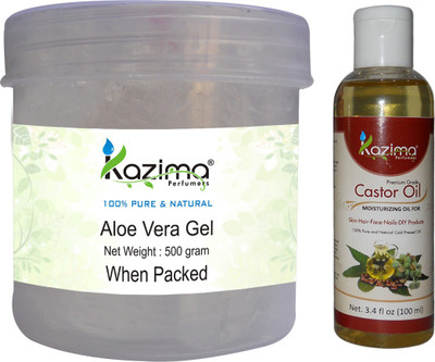

KAZIMA Aloe vera Gel Raw (500 Gram) and Castor Oil 100ml - Ideal for Hair Growth, Skin Treatment, Face, ACNE Scars(Set of 2)