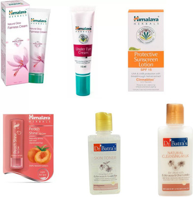 

Himalaya Natural Glow Fairness Cream, Under Eye Cream, Protective Sunscreen Lotion, Peach Shine Lip Care, dr. batra toner, face milk(Set of 6)