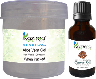 

KAZIMA Aloe vera Gel Raw (250 Gram) and Castor Oil (15ml) - Ideal for Hair Growth, Skin Treatment, Face, ACNE Scars(Set of 2)