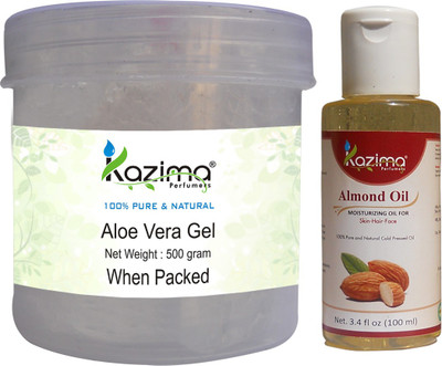 

KAZIMA Aloe vera Gel Raw (500 Gram) and Almond Oil 100ml - Ideal for Skin Treatment, Face, Acne Scars, Hair Care(Set of 2)
