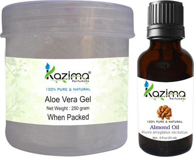 

KAZIMA Aloe vera Gel Raw (250 Gram) and Almond Oil 15ml - Ideal for Skin Treatment, Face, Acne Scars, Hair Care(Set of 2)