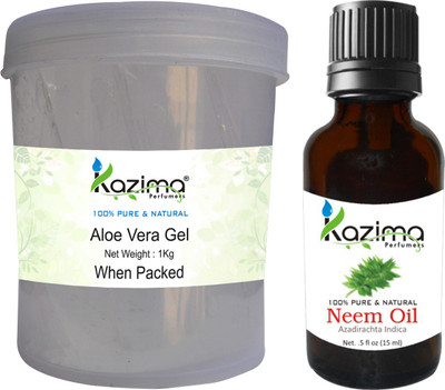 

KAZIMA Aloe Vera Gel Raw (1KG) and Neem Oil (15ml) - Ideal for Skin Treatment, Acne Scars, Face, Dry Skin(Set of 2)
