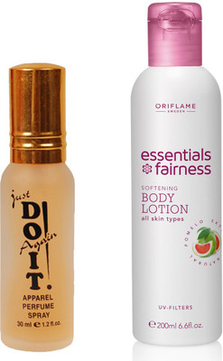 

Oriflame Sweden Essentials Fairness Softening Body Lotion UV Filters (32703) With Just Doit Perfume 30ml(Set of 2)