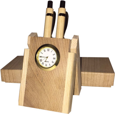 GCM 2 Compartments WOODEN PEN HOLDER WITH CLOCK(Brown) available at flipkart for Rs.225