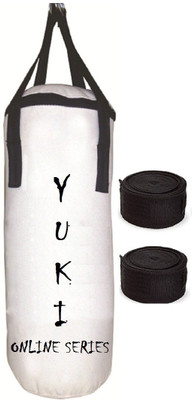 

YUKI Online Series 1.5 Feet Long, CANVAS Material, White Color, Unfilled with Hanging Straps with 9 Feet Long Black Color Hand Wraps Pair Boxing Kit