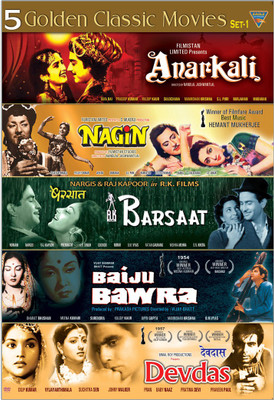 

5 Golden Classic Movies Set 1 (Anarkali, Nagin, Barsaat, Baiju Bawra, Devdas)(DVD Hindi)