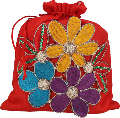 

Be You Stylish Zari Embroidery & Stone Work Flower Design Potli Bag for Women Potli(Red)
