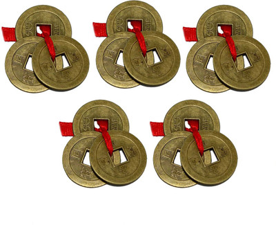 

DivyaMantra Combo Pack of 5 Feng Shui Three Lucky Chinese Coins with Red Ribbon For Money, Wealth Luck Decorative Showpiece - 2.5 cm(Zinc, Brown)