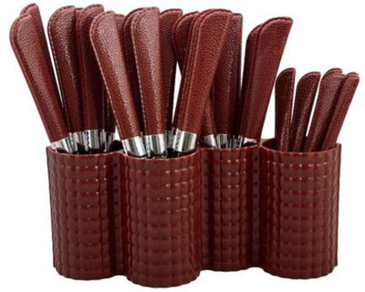 

ShopyBucket Stainless Steel Cutlery Set With 6 PCs Each Foak, Tea Spoon, Butter Knife And Big Stand 24 Pcs - Brown Stainless Steel Cutlery Set(Pack of 24)