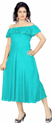 REYANS Women Fit and Flare Light Blue Knee Length Dress