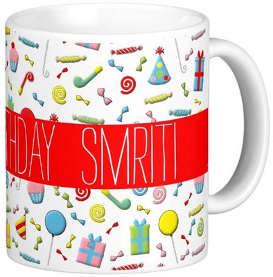 Exoctic Silver Happy Birthday SMRITI Ceramic Mug(300 ml), Multicolor