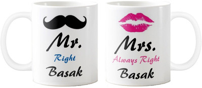 

Exoctic Silver Mrs. & Mr.Basak -Anniversary Love Valentine 02 Ceramic Mug(325 ml, Pack of 2), Multicolor