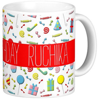 

Exoctic Silver Happy Birthday RUCHIKA Ceramic Mug(300 ml), Multicolor